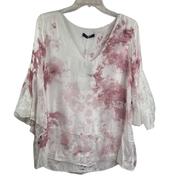 Lola Women's Silk Blend V-Neck 3/4 Sleeve Blouse Crochet Size S White/Rose NWT - Picture 1 of 10